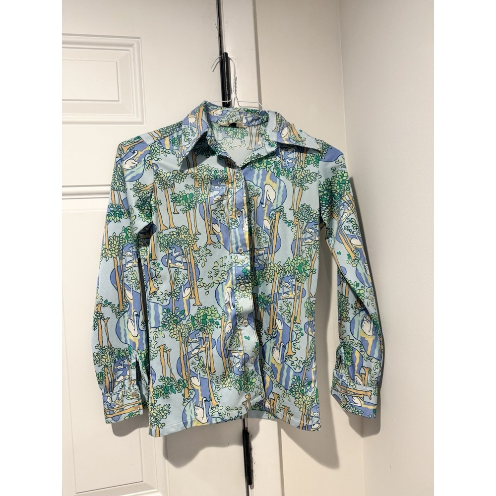 Vintage Pssst It's Gailord Women's Swan Duck River Scene Button Shirt XS 70s